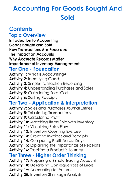 Accounting For Goods Bought And Sold Worksheet Activity Booklet
