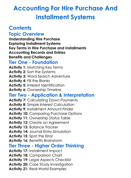 Accounting For Hire Purchase And Installment Systems Worksheet Activity Booklet