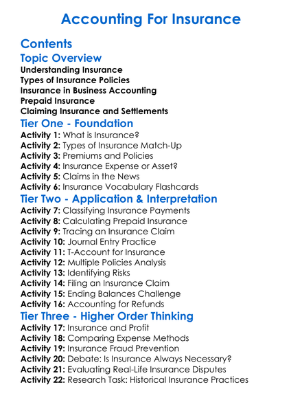 Accounting For Insurance Worksheet Activity Booklet