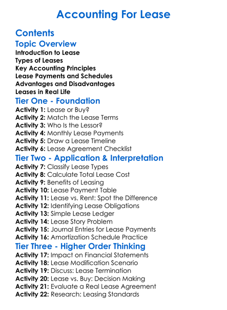 Accounting For Lease Worksheet Activity Booklet