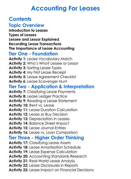 Accounting For Leases Worksheet Activity Booklet