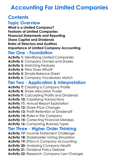 Accounting For Limited Companies Worksheet Activity Booklet