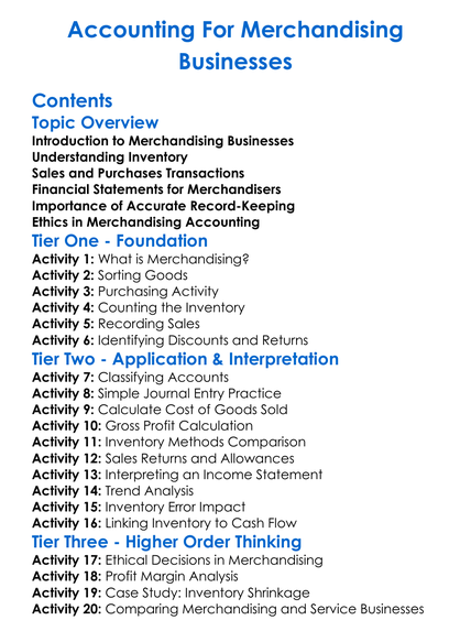 Accounting For Merchandising Businesses Worksheet Activity Booklet