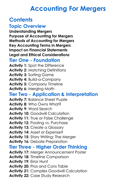 Accounting For Mergers Worksheet Activity Booklet