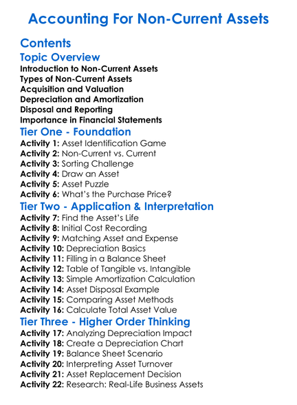 Accounting For Non-Current Assets Worksheet Activity Booklet