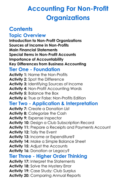 Accounting For Non-Profit Organizations Worksheet Activity Booklet