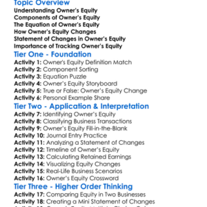 Accounting For Owners Equity Worksheet Activity Booklet