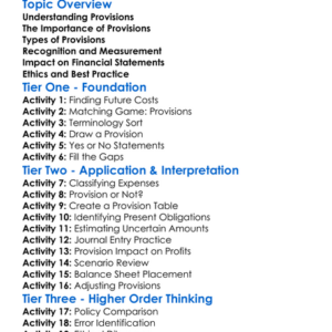 Accounting For Provisions Worksheet Activity Booklet