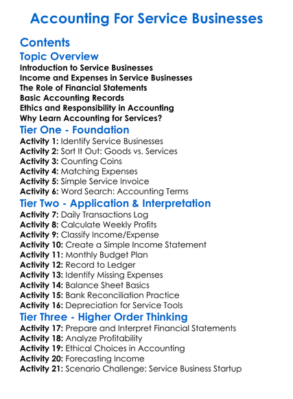 Accounting For Service Businesses Worksheet Activity Booklet