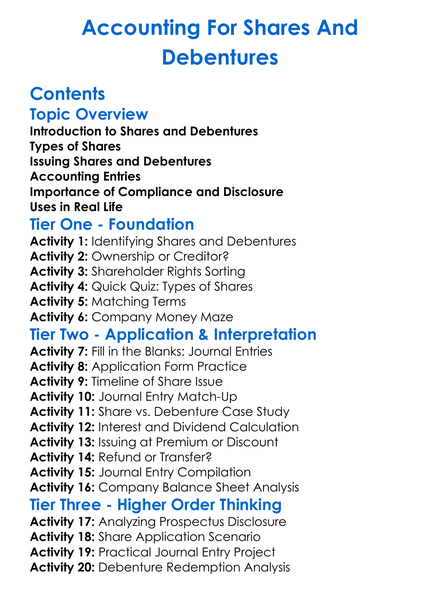 Accounting For Shares And Debentures Worksheet Activity Booklet