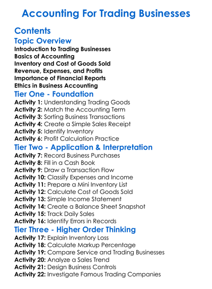 Accounting For Trading Businesses Worksheet Activity Booklet