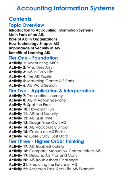 Accounting Information Systems Worksheet Activity Booklet
