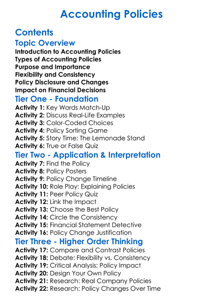 Accounting Policies Worksheet Activity Booklet