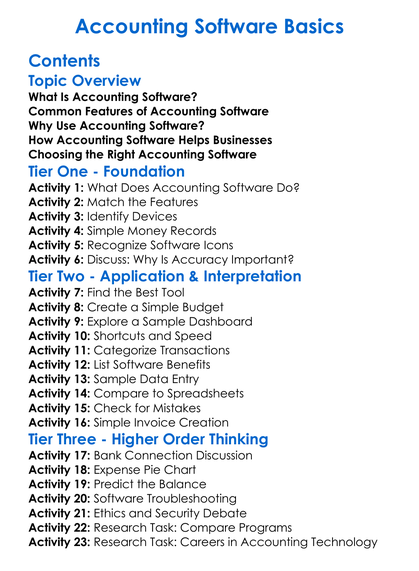 Accounting Software Basics Worksheet Activity Booklet