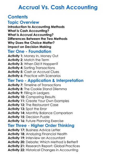 Accrual Vs Cash Accounting Worksheet Activity Booklet