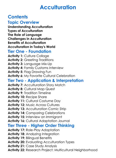 Acculturation Worksheet Activity Booklet