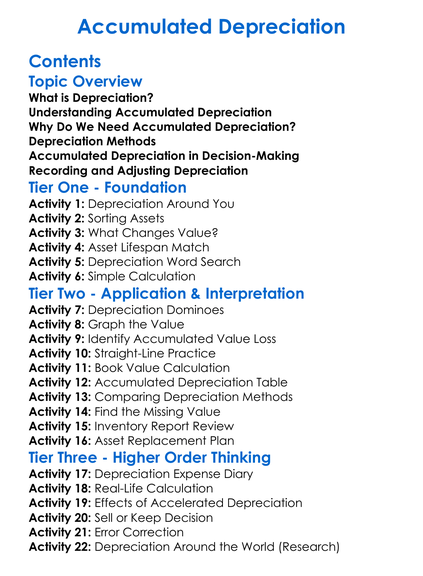Accumulated Depreciation Worksheet Activity Booklet