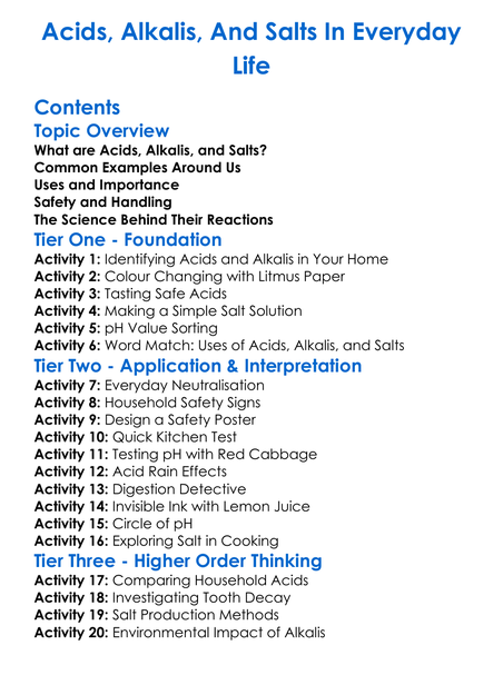 Acids Alkalis And Salts In Everyday Life Worksheet Activity Booklet