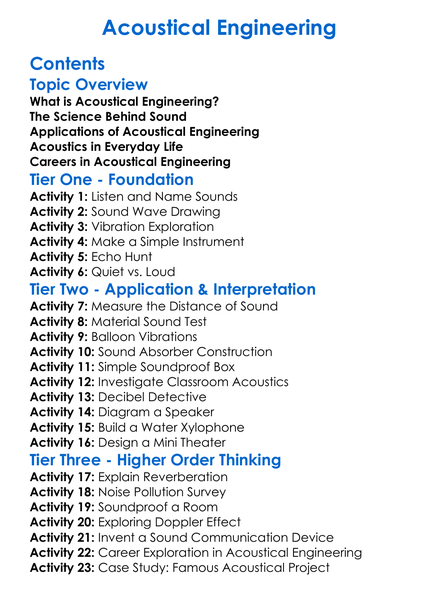 Acoustical Engineering Worksheet Activity Booklet