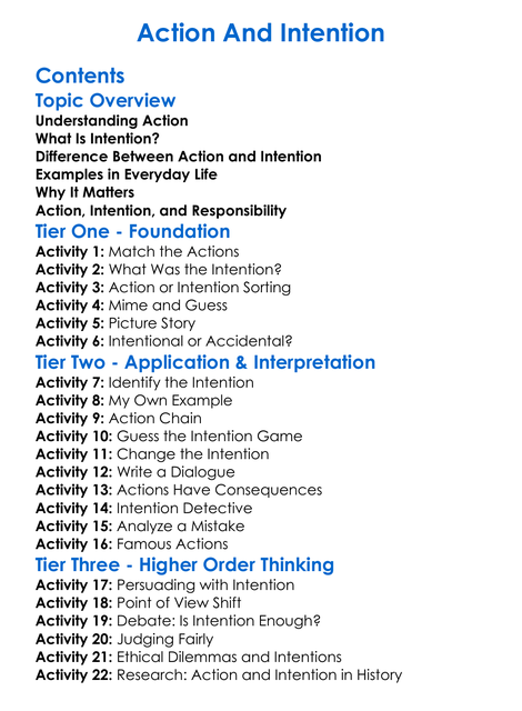 Action And Intention Worksheet Activity Booklet