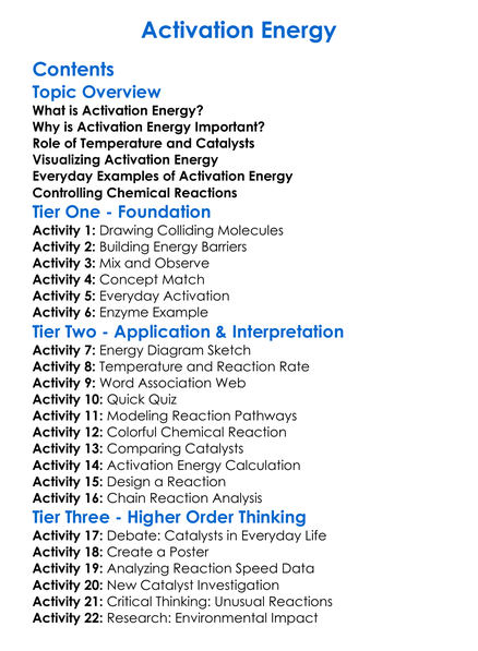 Activation Energy Worksheet Activity Booklet
