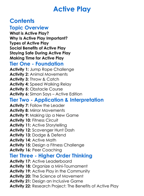 Active Play Worksheet Activity Booklet