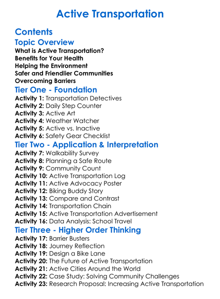 Active Transportation Worksheet Activity Booklet