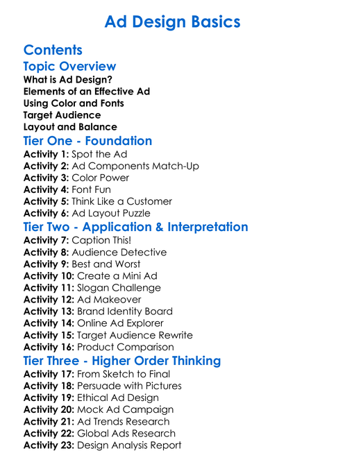 Ad Design Basics Worksheet Activity Booklet