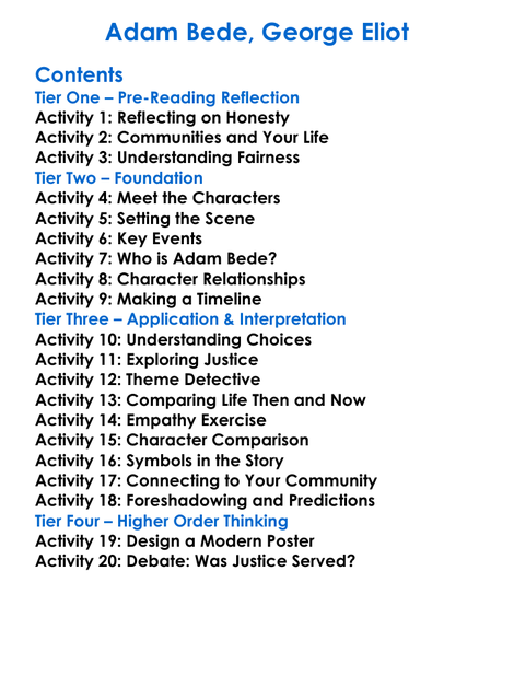 Adam Bede George Eliot Worksheet Activity Booklet
