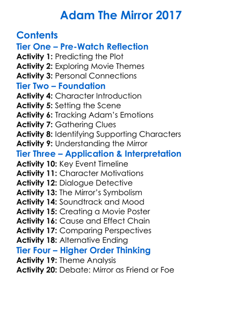 Adam The Mirror 2017 Worksheet Activity Booklet