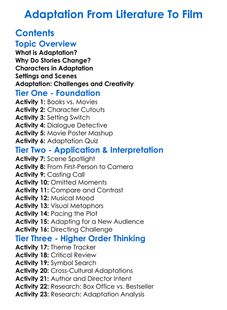Adaptation From Literature To Film Worksheet Activity Booklet