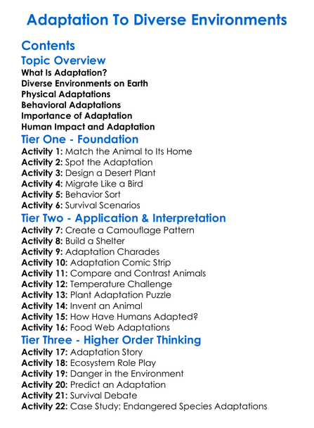 Adaptation To Diverse Environments Worksheet Activity Booklet