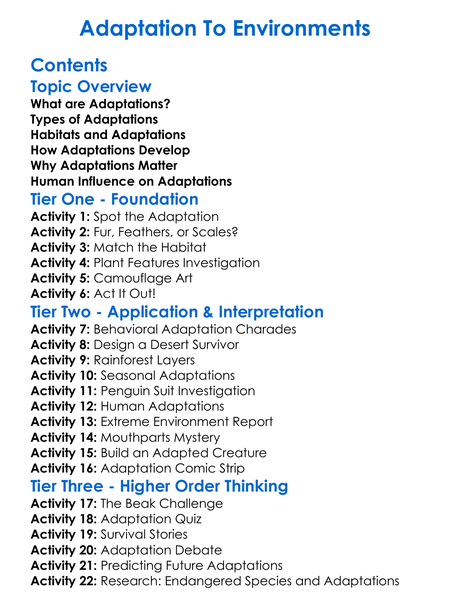 Adaptation To Environments Worksheet Activity Booklet