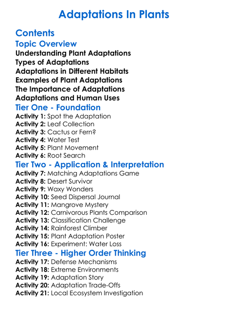 Adaptations In Plants Worksheet Activity Booklet