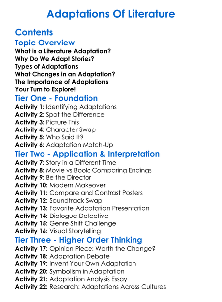 Adaptations Of Literature Worksheet Activity Booklet