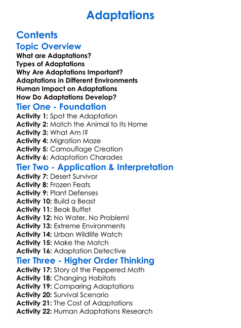 Adaptations Worksheet Activity Booklet
