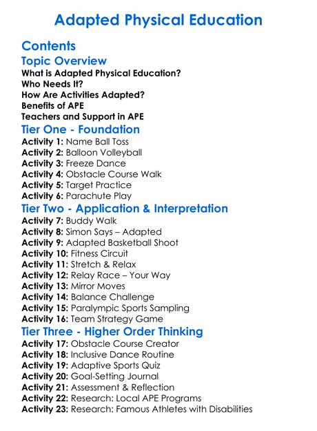 Adapted Physical Education Worksheet Activity Booklet