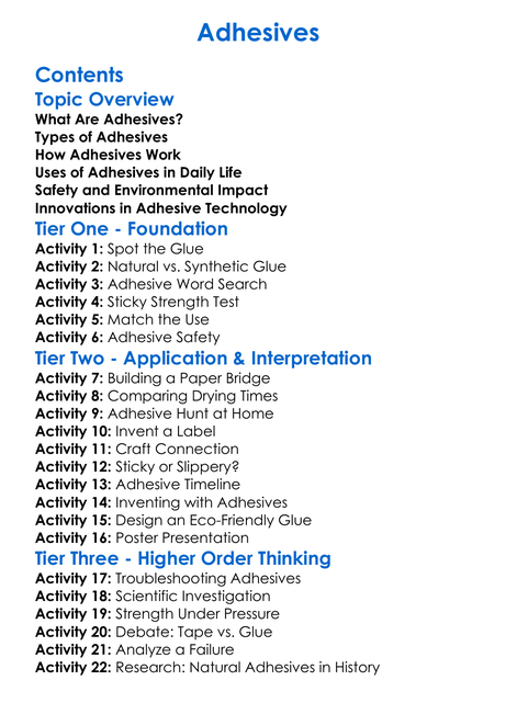 Adhesives Worksheet Activity Booklet