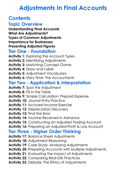 Adjustments In Final Accounts Worksheet Activity Booklet