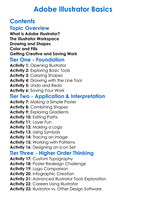 Adobe Illustrator Basics Worksheet Activity Booklet
