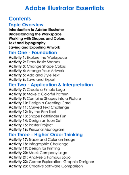 Adobe Illustrator Essentials Worksheet Activity Booklet