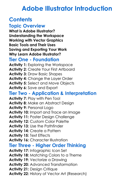 Adobe Illustrator Introduction Worksheet Activity Booklet