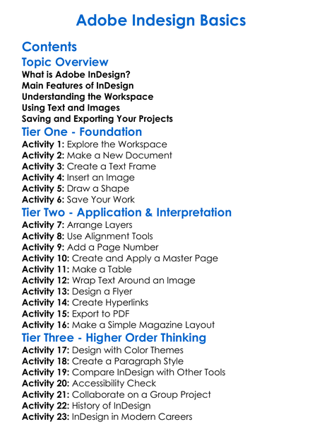 Adobe Indesign Basics Worksheet Activity Booklet