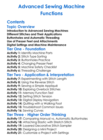 Advanced Sewing Machine Functions Worksheet Activity Booklet