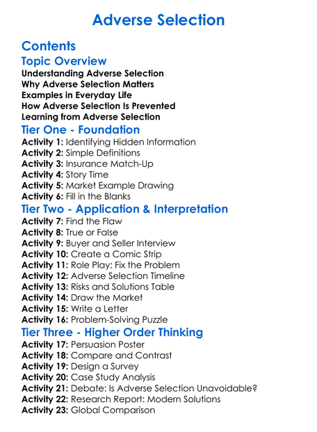 Adverse Selection Worksheet Activity Booklet