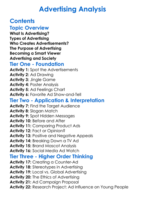 Advertising Analysis Worksheet Activity Booklet