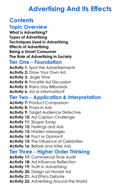 Advertising And Its Effects Worksheet Activity Booklet