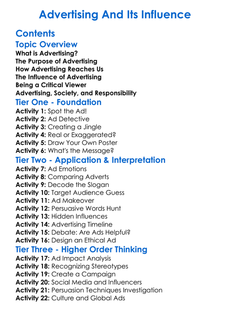 Advertising And Its Influence Worksheet Activity Booklet
