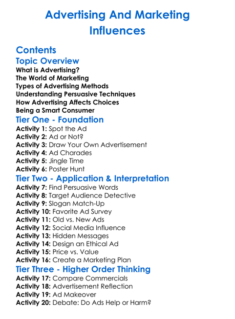 Advertising And Marketing Influences Worksheet Activity Booklet