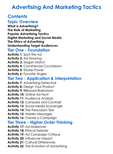 Advertising And Marketing Tactics Worksheet Activity Booklet